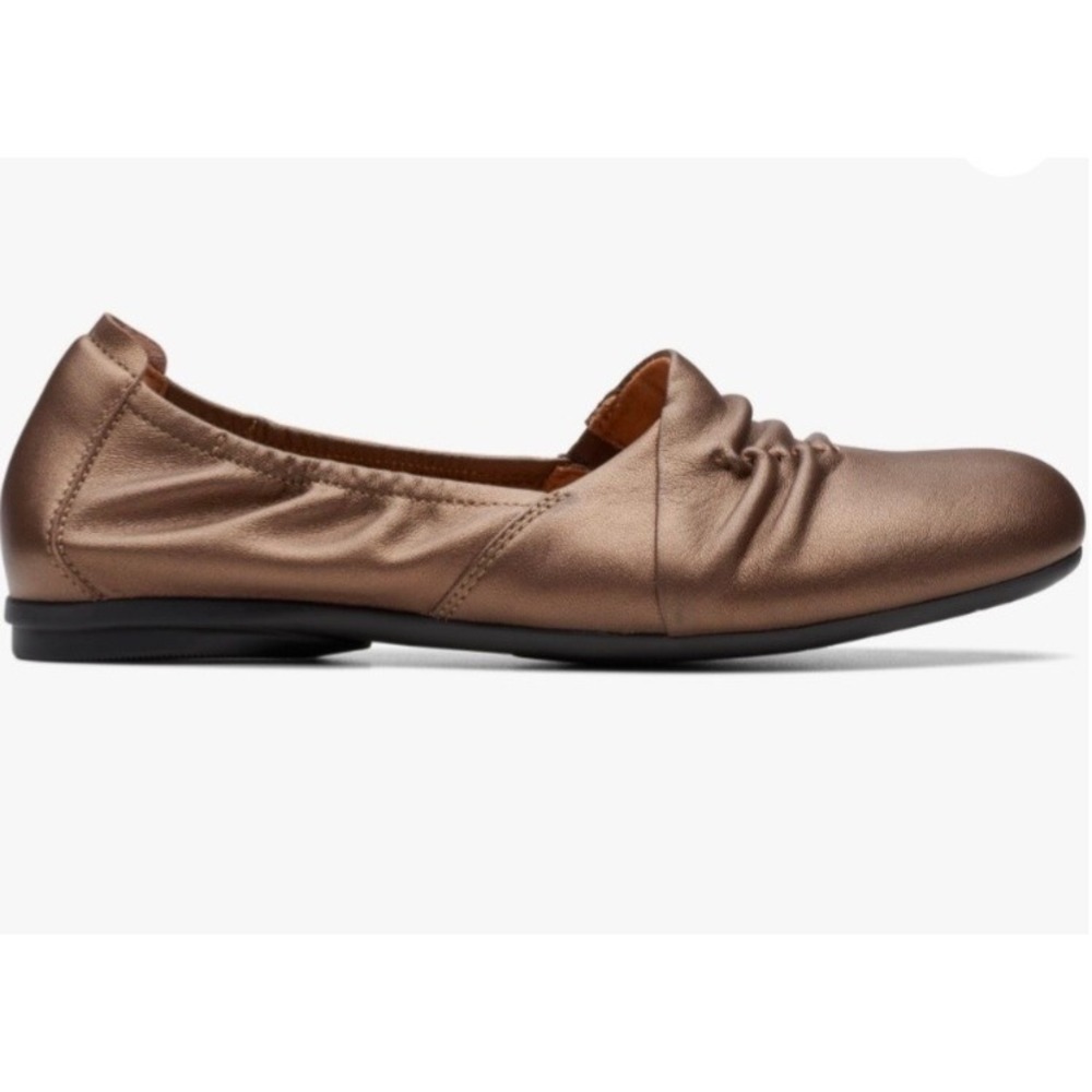 Clarks Rena Way Bronze Ballet Flats Ruched Slip On Loafers Flats Contour Cushio - Picture 2 of 9